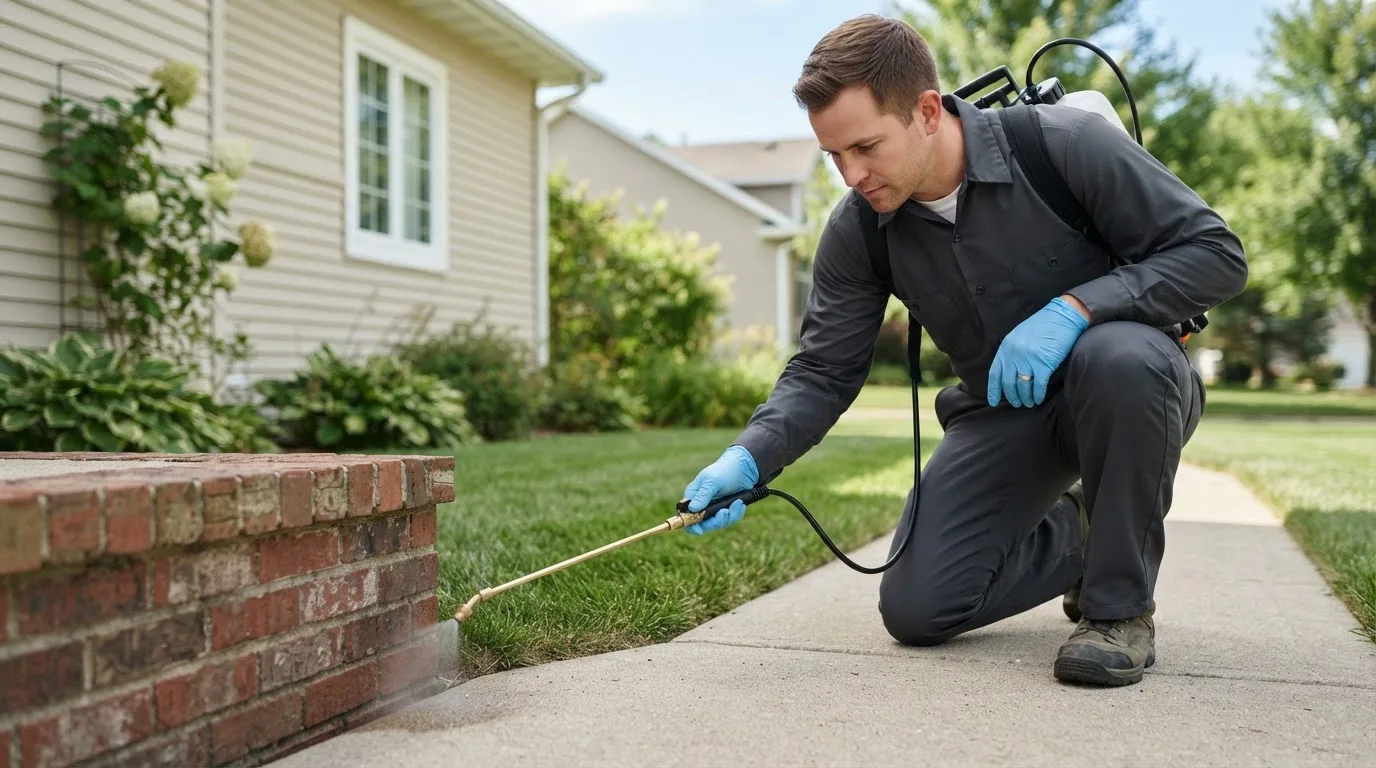 Pest control technician treating a home near Cavalier, ND